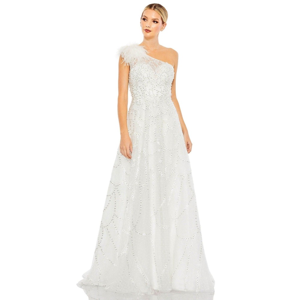 Mac Duggal 20389 White Sequin One Shoulder Feather Gown Size 4
